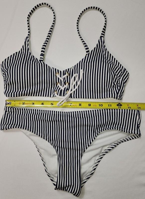 Xhilaration Lace-up Front Blue Stripe Bralette Bikini Set Rouched Back Bottom M