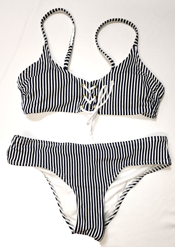 Xhilaration Lace-up Front Blue Stripe Bralette Bikini Set Rouched Back Bottom M