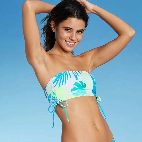 Xhilaration Women’s M Medium Bikini Top Leaf Print Longline Side-Cinch Bandeau