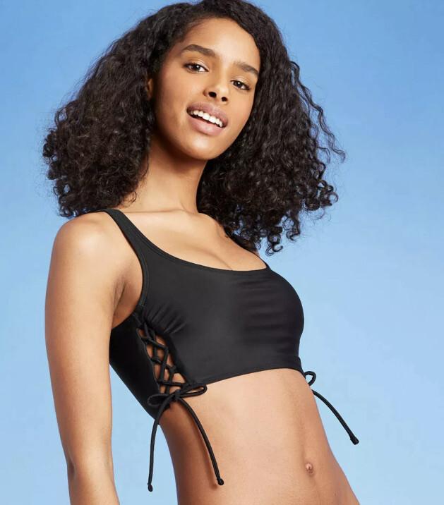 Xhilaration Women’s XS 00 Bikini Top Black Lace-Up Longline Bralette