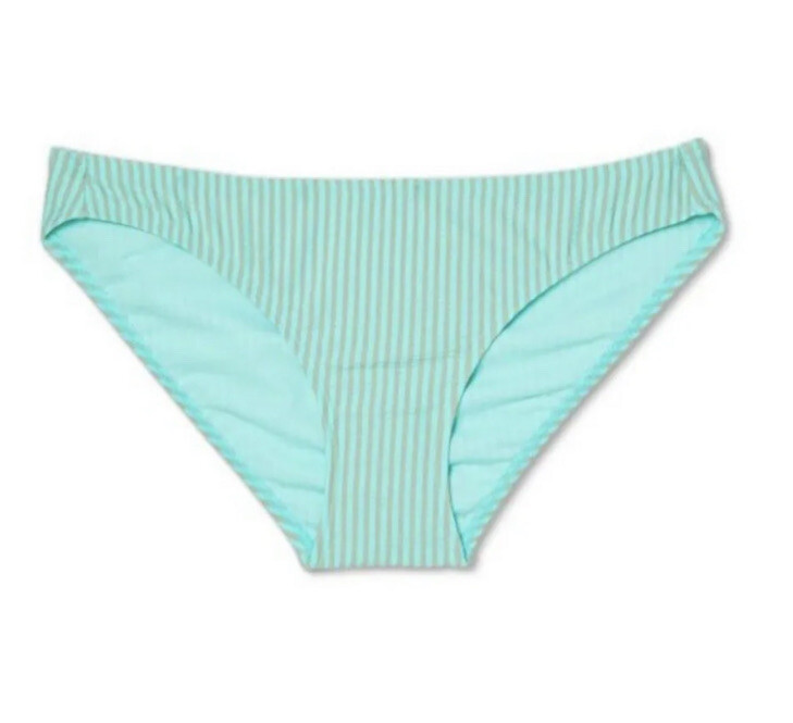 Xhilaration Womens L Large Bikini Bottom Blue Gray Stripe Hipster Seersucker New