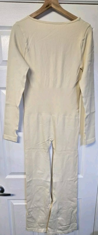 XL Beige OQQ Women Yoga Jumpsuits Ribbed Exercise Long Sleeve Tops Bell Bottoms