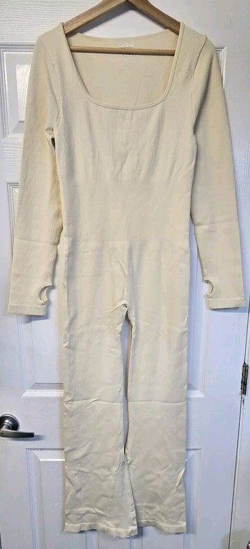 XL Beige OQQ Women Yoga Jumpsuits Ribbed Exercise Long Sleeve Tops Bell Bottoms