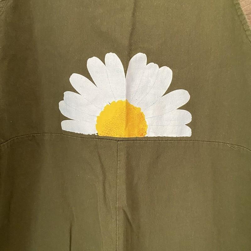 XL Green Daisy Floral Overalls Bibs Pockets Button Boho Hippie Garden Pants Fun