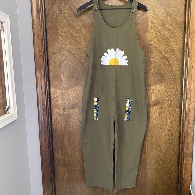 XL Green Daisy Floral Overalls Bibs Pockets Button Boho Hippie Garden Pants Fun
