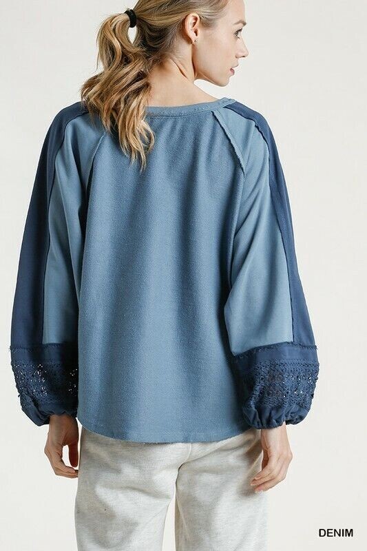 XL UMGEE DENIM BLUE Terry Crochet Detail Raw Edges Top/blouse/shirt BHCS