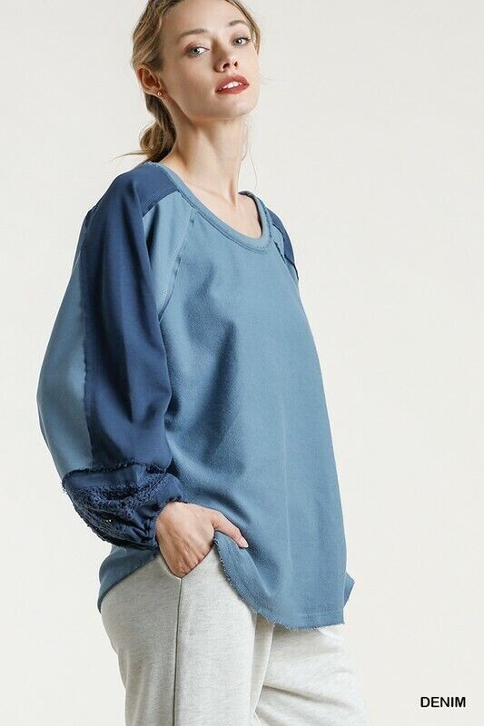 XL UMGEE DENIM BLUE Terry Crochet Detail Raw Edges Top/blouse/shirt BHCS