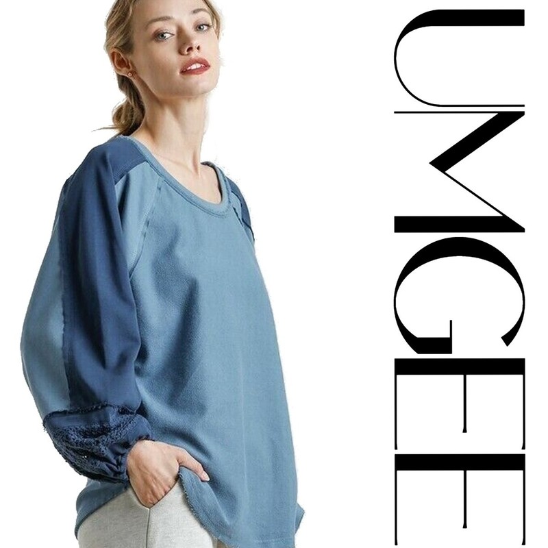 XL UMGEE DENIM BLUE Terry Crochet Detail Raw edges top/blouse/shirt BHCS
