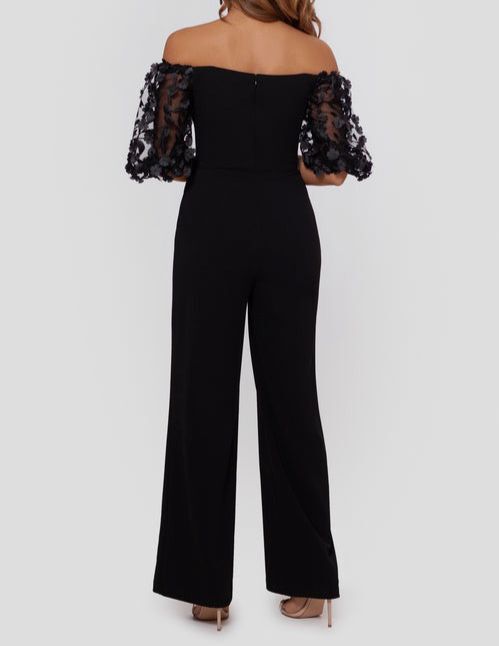 Xscape Women's Black Floral Appliqué Off The Shoulder Jumpsuit Petite Size 8P