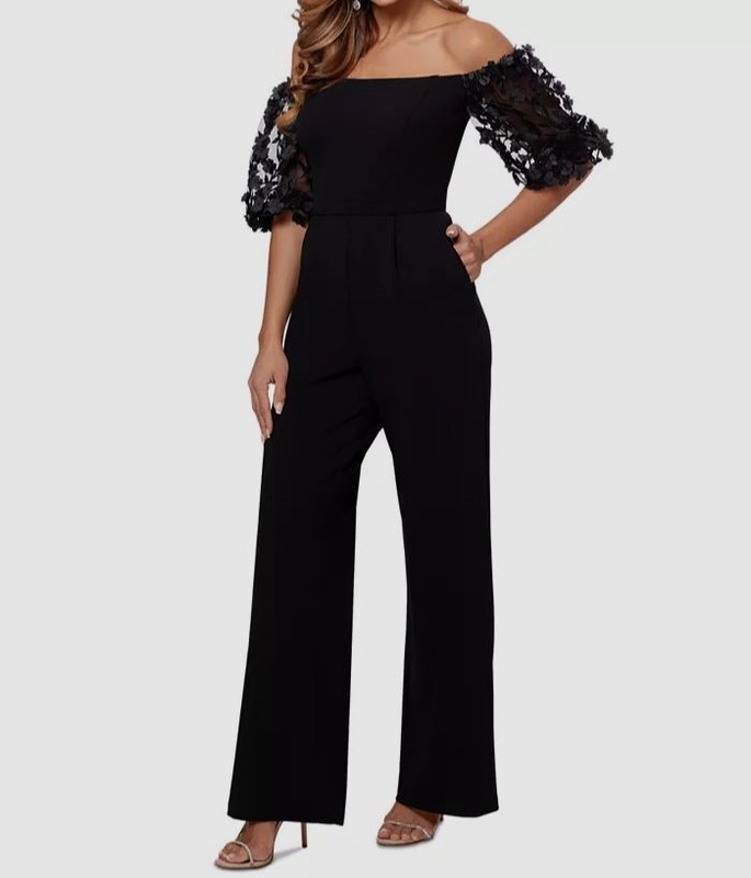 Xscape Women's Black Floral Appliqué Off The Shoulder Jumpsuit Petite Size 8P