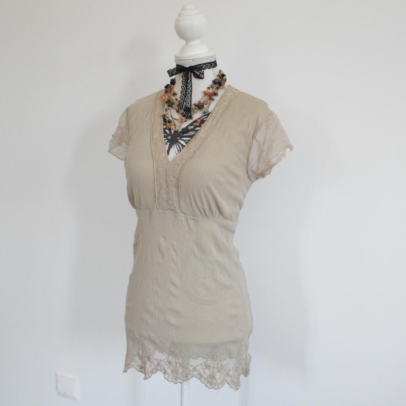Y2k 00s Vintage Beige Khaki Fairy Fairycore Boho Chic Aesthetic Top Blouse M