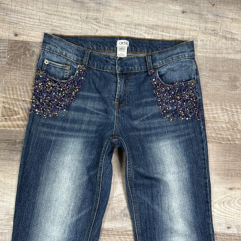 Y2K Cache Wide Leg Beaded Pockets Blue Denim Jeans Women's 6 X 31" Inseam
