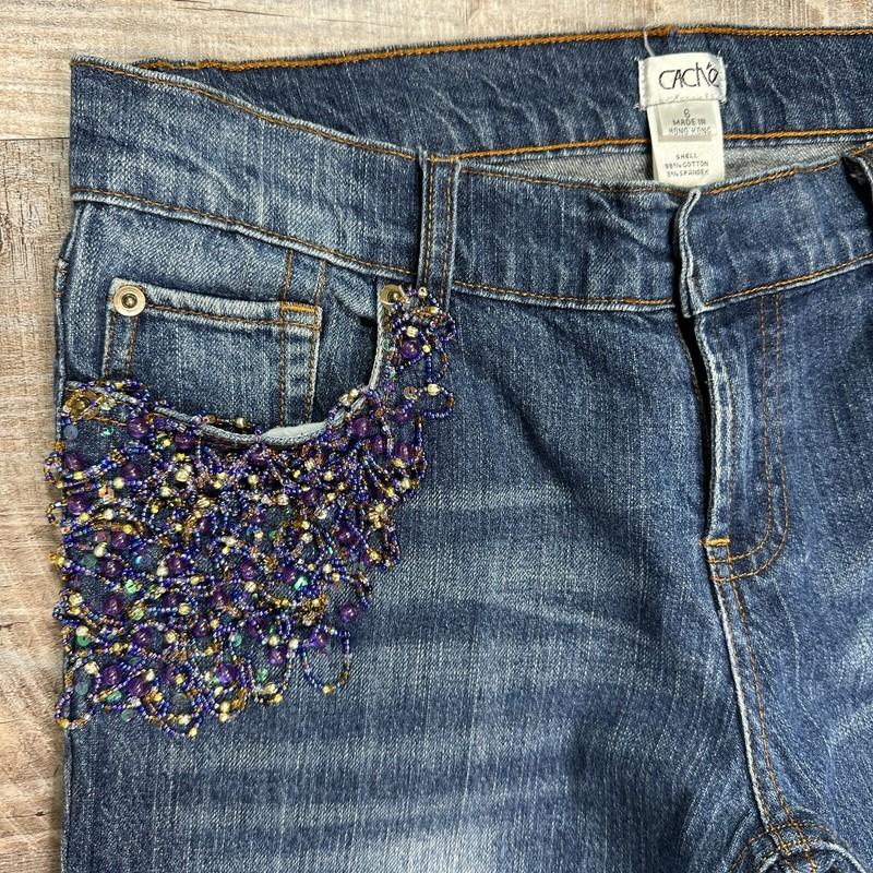 Y2K Cache Wide Leg Beaded Pockets Blue Denim Jeans Women's 6 X 31" Inseam