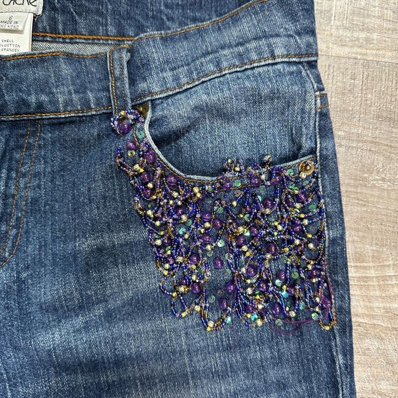 Y2K Cache Wide Leg Beaded Pockets Blue Denim Jeans Women's 6 X 31" Inseam