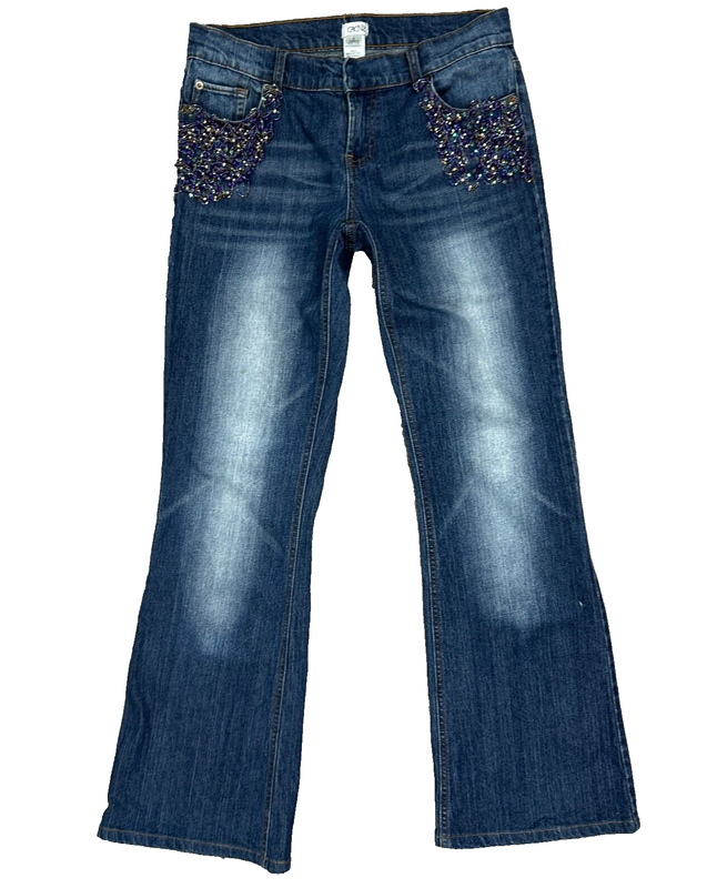 Y2K Cache Wide Leg Beaded Pockets Blue Denim Jeans Women's 6 x 31" Inseam