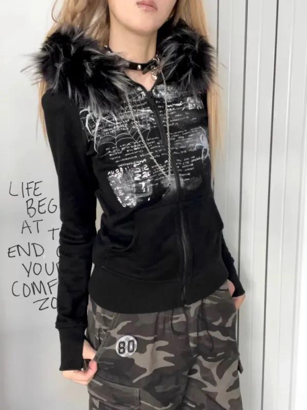Y2k Fur Patchwork Grunge Hoodies Women Streetwear Vintage Harajuku Gothic Print