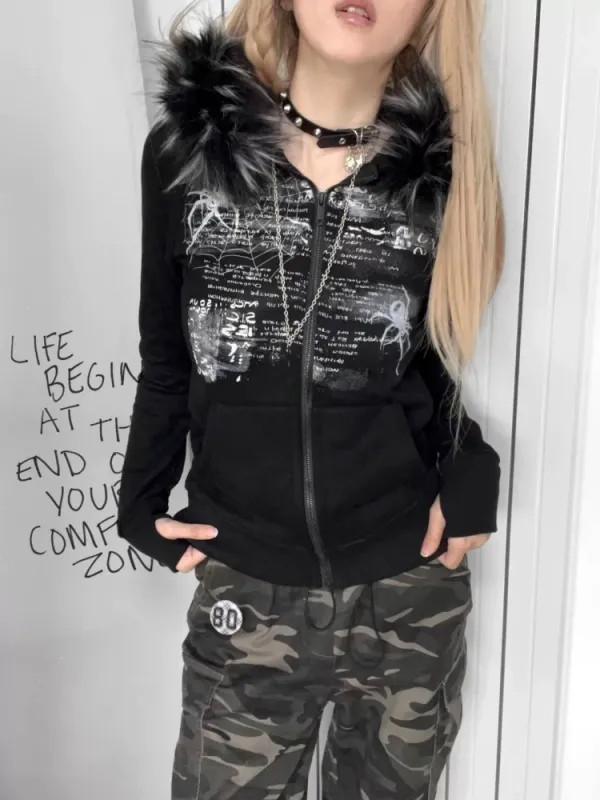 Y2k Fur Patchwork Grunge Hoodies Women Streetwear Vintage Harajuku Gothic Print