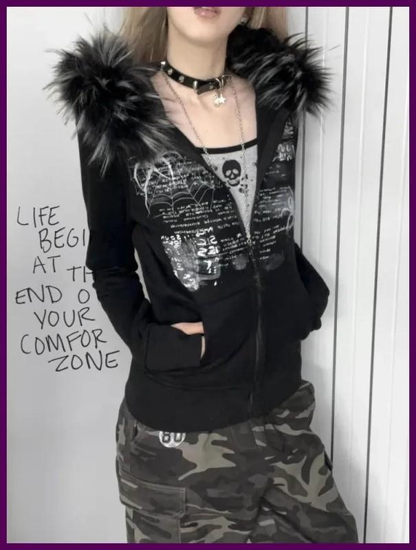 Y2k Fur Patchwork Grunge Hoodies Women Streetwear Vintage Harajuku Gothic Print