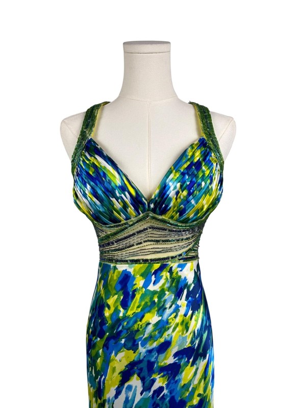 Y2K Vintage Blue Green Print Beaded Fairy Mermaid Whimsical Formal Dress 4