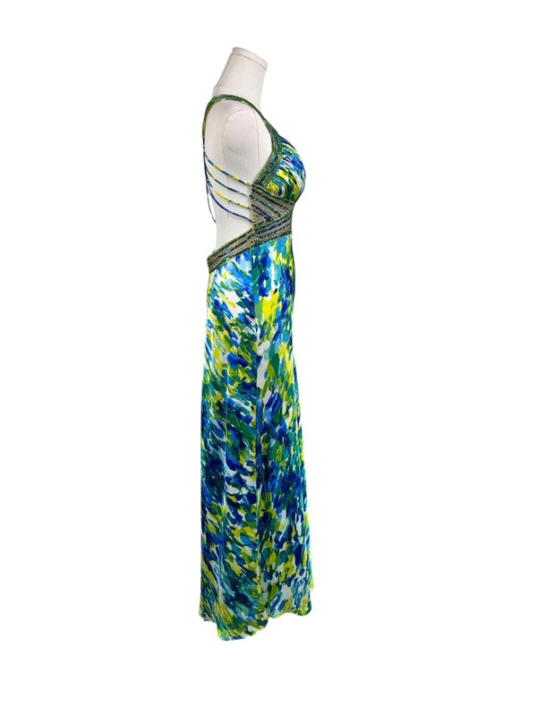 Y2K Vintage Blue Green Print Beaded Fairy Mermaid Whimsical Formal Dress 4