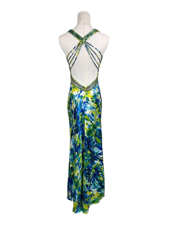 Y2K Vintage Blue Green Print Beaded Fairy Mermaid Whimsical Formal Dress 4