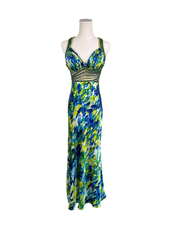 Y2K Vintage Blue Green Print Beaded Fairy Mermaid Whimsical Formal Dress 4