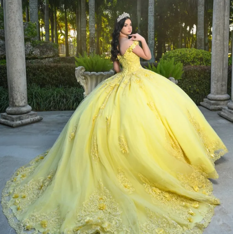 Yellow Shiny Quinceanera Dresses Ball Gown Off The Shoulder Applique Flowers