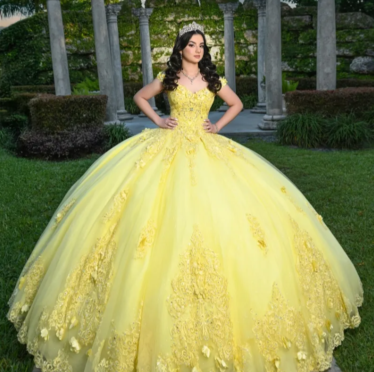 Yellow Shiny Quinceanera Dresses Ball Gown Off The Shoulder Applique Flowers