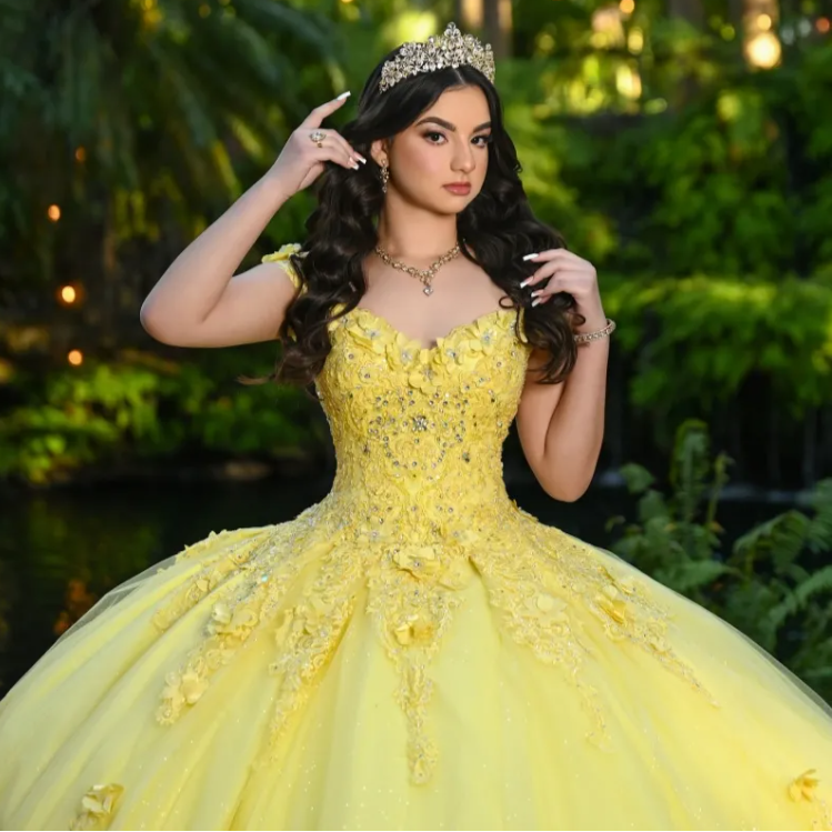Yellow Shiny Quinceanera Dresses Ball Gown Off The Shoulder Applique Flowers