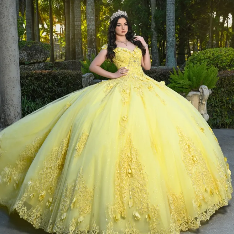 Yellow Shiny Quinceanera Dresses Ball Gown Off The Shoulder Applique Flowers