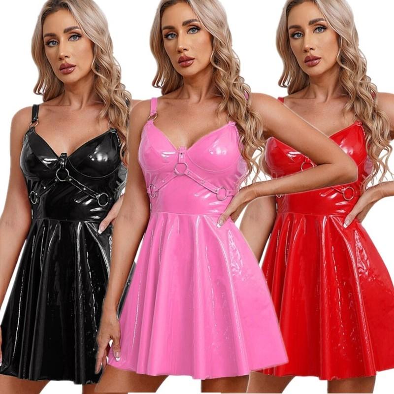 YiZYiF Women's Shiny Leather Dress With O-Ring Rivets Pleated Dress Clubwear