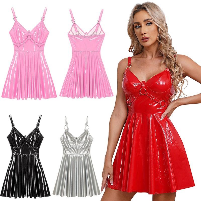 YiZYiF Women's Shiny Leather Dress With O-Ring Rivets Pleated Dress Clubwear