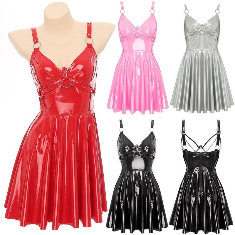 YiZYiF Women's Shiny Leather Dress With O-Ring Rivets Pleated Dress Clubwear