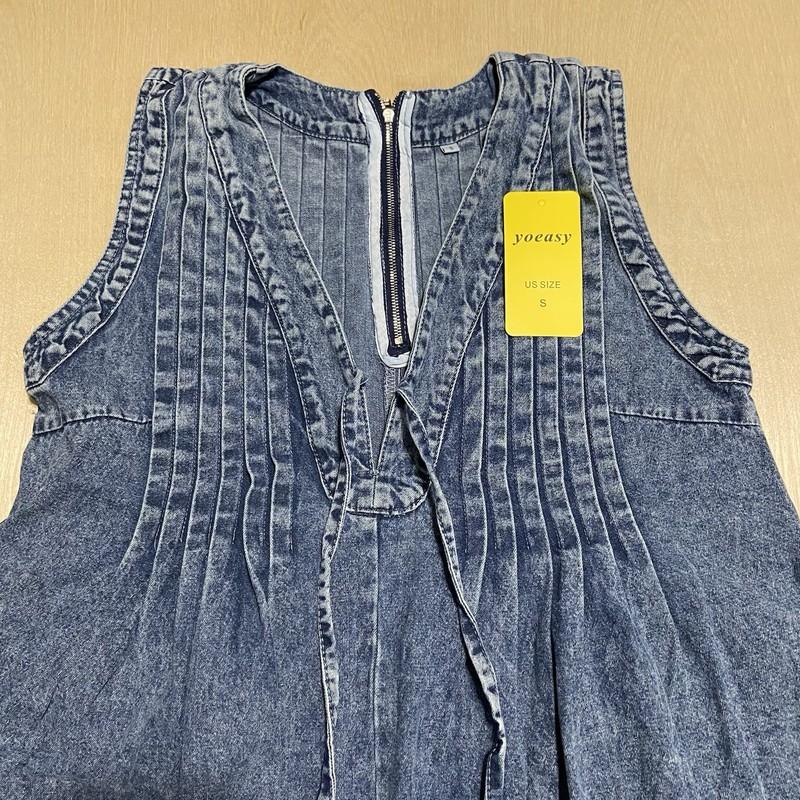 Yoeasy Women's Size Small Sleeveless V-Neck Front Tie Pocketed Denim Romper