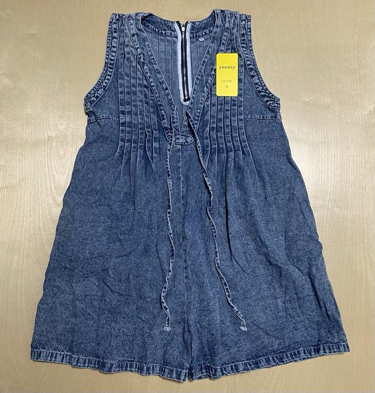 Yoeasy Women's Size Small Sleeveless V-Neck Front Tie Pocketed Denim Romper