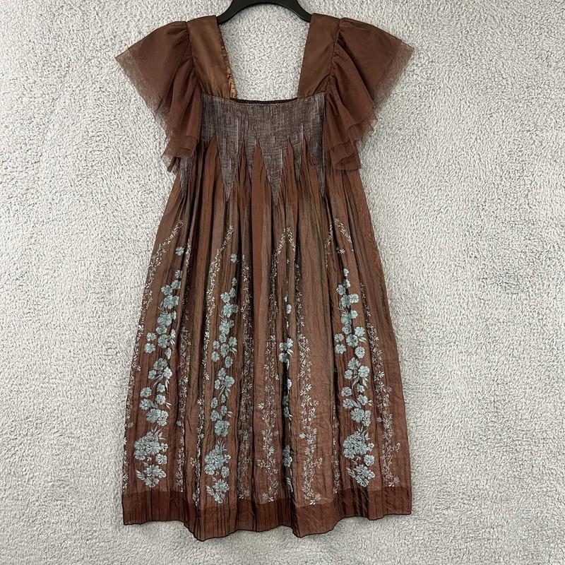 Young Essence Mini Dress Womens M/L Brown Blue Floral Smocked Flutter Slv Fairy