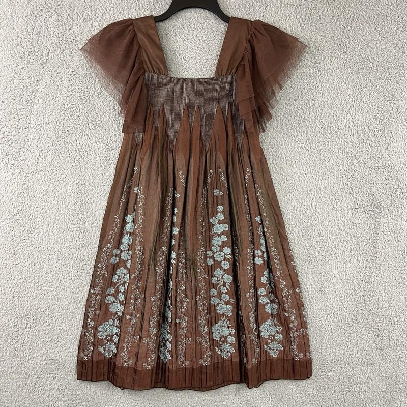 Young Essence Mini Dress Womens M/L Brown Blue Floral Smocked Flutter Slv Fairy
