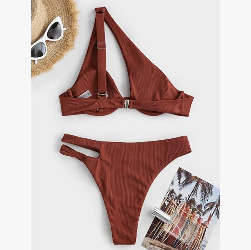 ZAFUL Size M One Shoulder Bikini Cut Out Ribbed Underwire Swimsuit Color Brick