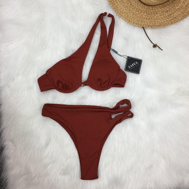 ZAFUL Size M One Shoulder Bikini Cut Out Ribbed Underwire Swimsuit Color Brick