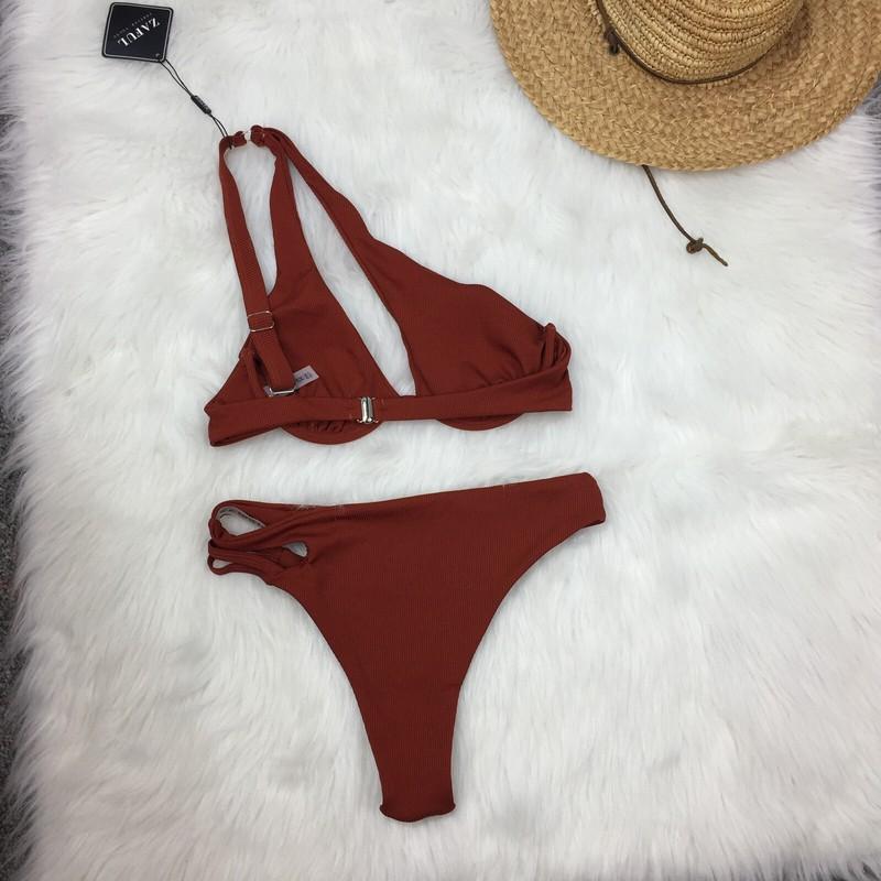ZAFUL Size M One Shoulder Bikini Cut Out Ribbed Underwire Swimsuit Color Brick