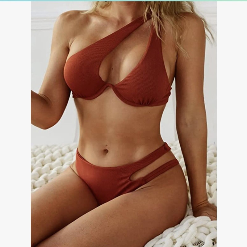 ZAFUL Size M One Shoulder Bikini Cut Out Ribbed Underwire Swimsuit color brick