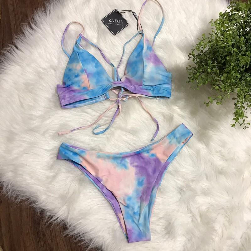 Zaful Women Swimsuits Size M Two Pieces Tie Dye String Bikini Blue/ Purple Pink