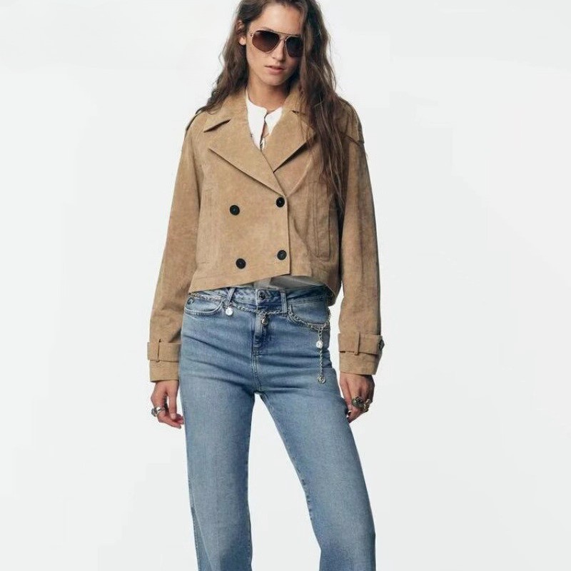 ZARA 2025 Autumn Buttoned Long-Sleeved Double-Button Leather Windbreaker Jacket