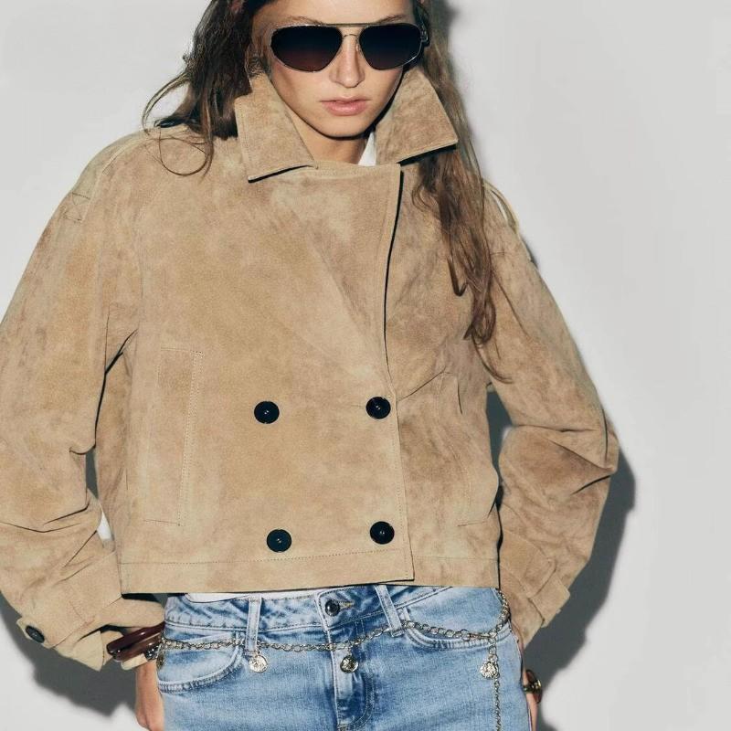 ZARA 2025 Autumn Buttoned Long-Sleeved Double-Button Leather Windbreaker Jacket