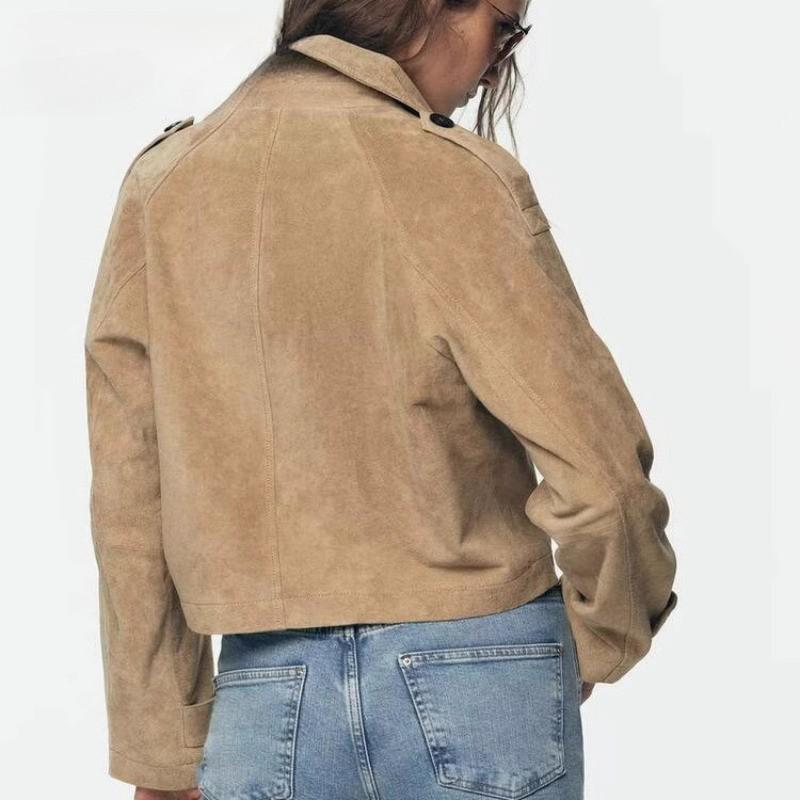 ZARA 2025 Autumn Buttoned Long-Sleeved Double-Button Leather Windbreaker Jacket