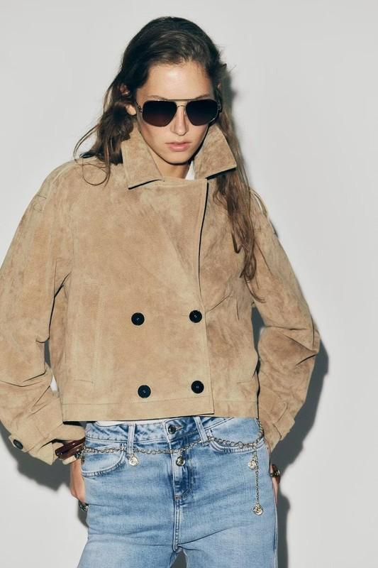 ZARA 2025 Autumn Buttoned Long-Sleeved Double-Button Leather Windbreaker Jacket