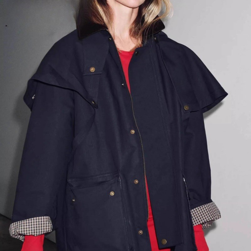 ZARA Autumn Casual Padded Long-Sleeved Collar Hooded Windbreaker Coat