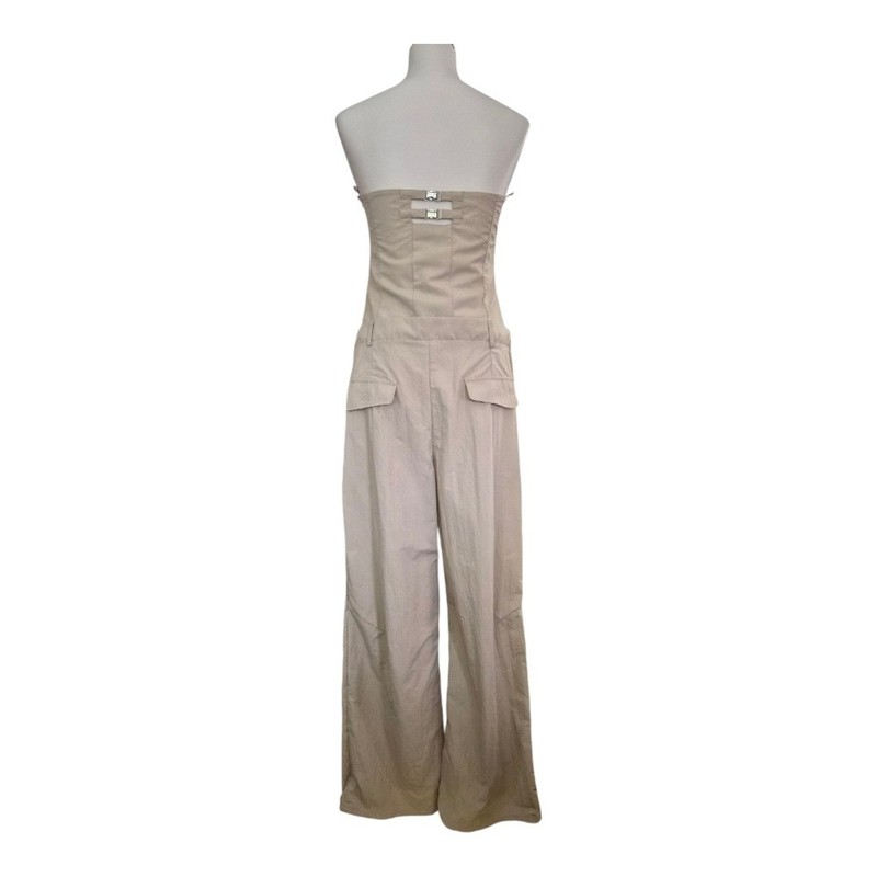 ZARA Beige Strapless Wide Leg Jumpsuit Size L Buckle Back Utility Pocket Corset