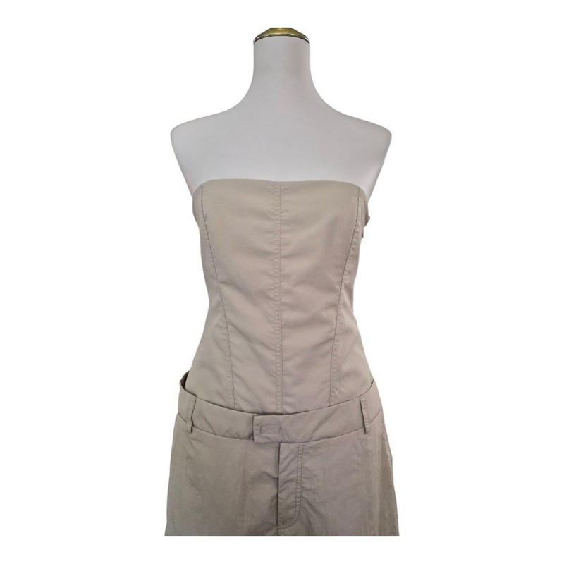ZARA Beige Strapless Wide Leg Jumpsuit Size L Buckle Back Utility Pocket Corset