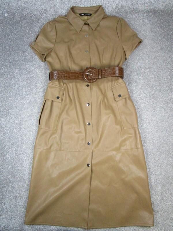 Zara Dress Womens Large Brown Faux Leather Belted